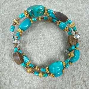 Turquoise Blue Wood Gold Tone Coil Wire‎ Wrap Bracelet Bohemian Hippie Statement